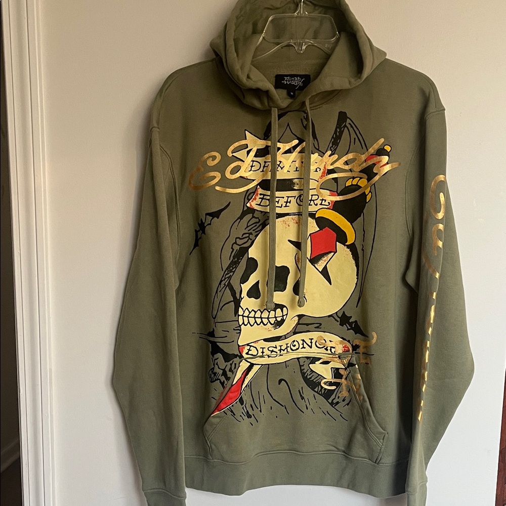 Ed Hardy  Olive Graphic Hoodie With pocket Size M
